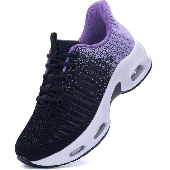 Women Black Purple Running Shoes Tennis Sneakers with Arch Support for Workout - Picture 3 of 6